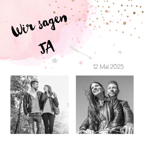 Hochzeitseinladung mit Ihren Bildern und Akzenten in Rosa und Gold