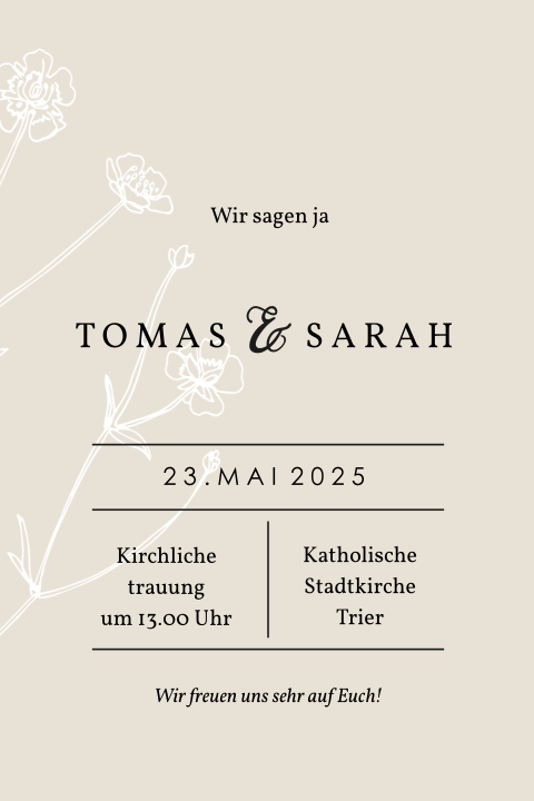 Elegante Hochzeitseinladung mit gezeichneten Blumen