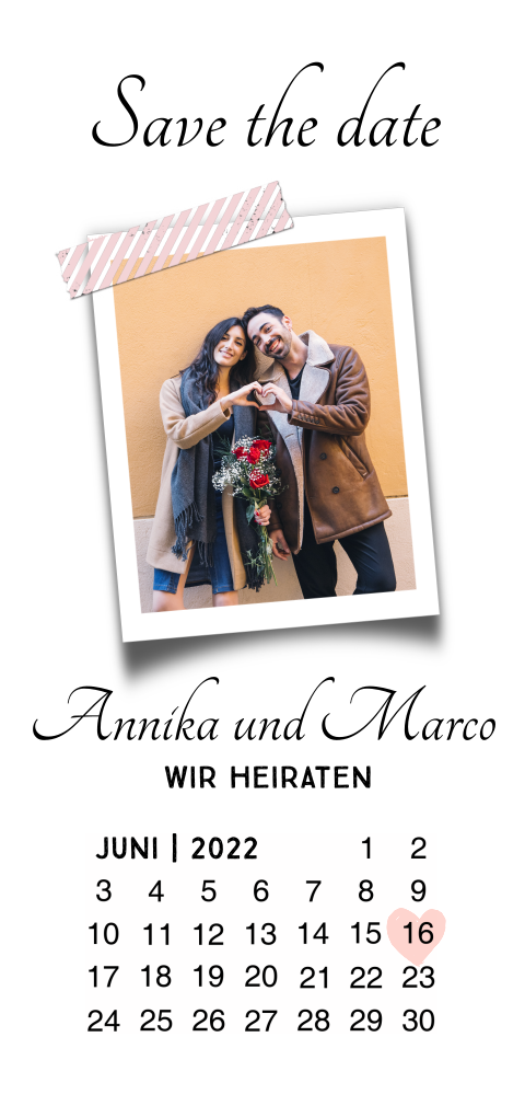 Save the Date Karte mit Ihrem Foto und Kalender für das Hochzeitsdatum
