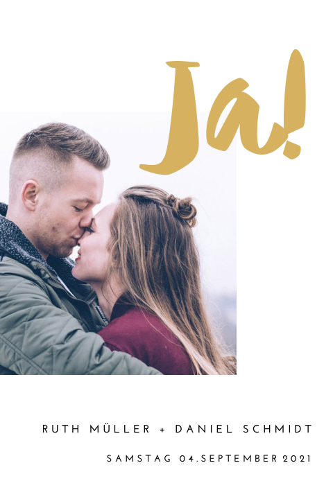 Hochzeitseinladung mit Ihrem Bild als Paar und einem großen "Ja"