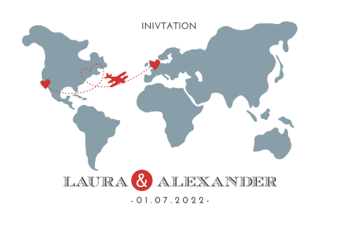 Hochzeitseinladung mit einer Weltkarte zum vereinen Ihrer Liebe