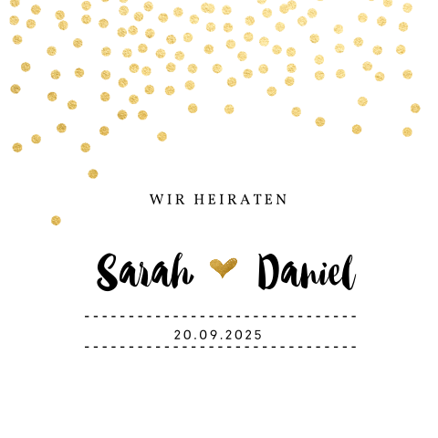 Hübsche Hochzeitseinladung mit goldenen Flocken