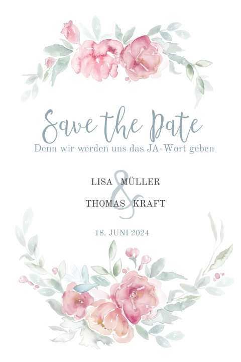 Romantische Save the Date Karte mit rosafarbenen Blüten