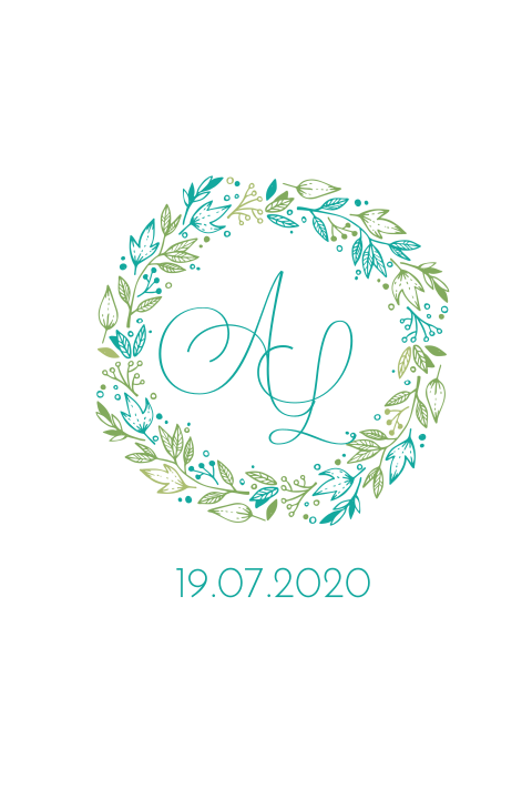 Hochzeitseinladung mit einem Blumenkranz in Grün und Blau