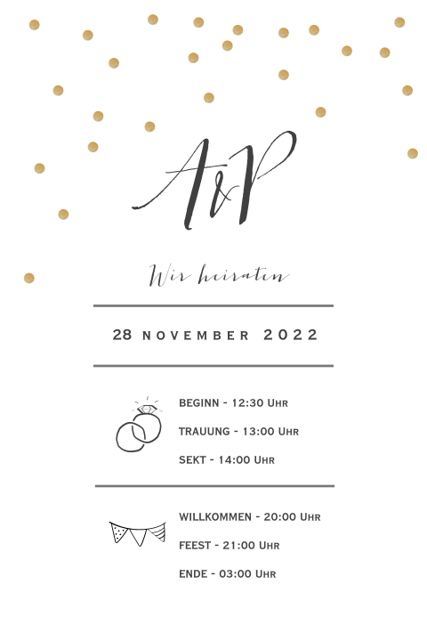 Hochzeitseinladung mit goldenen Punkten und Ihrem Ablaufplan