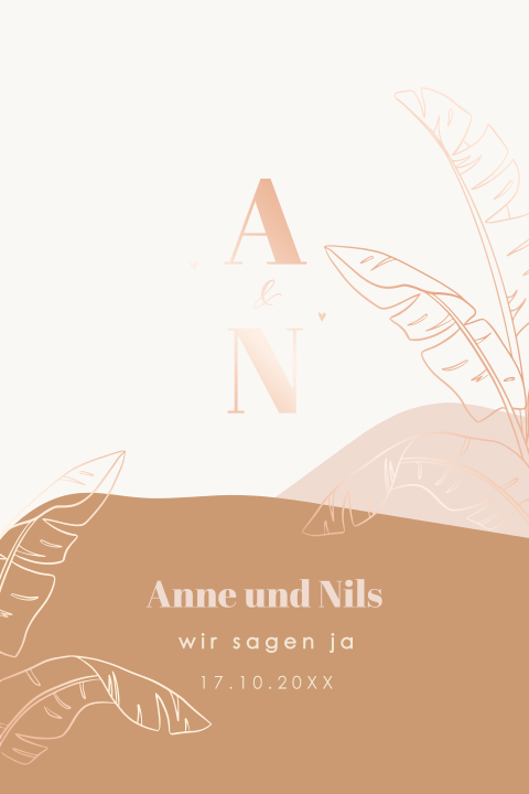 Hochzeitseinladung mit gezeichneten Blättern und Foliendruck: "Nature"