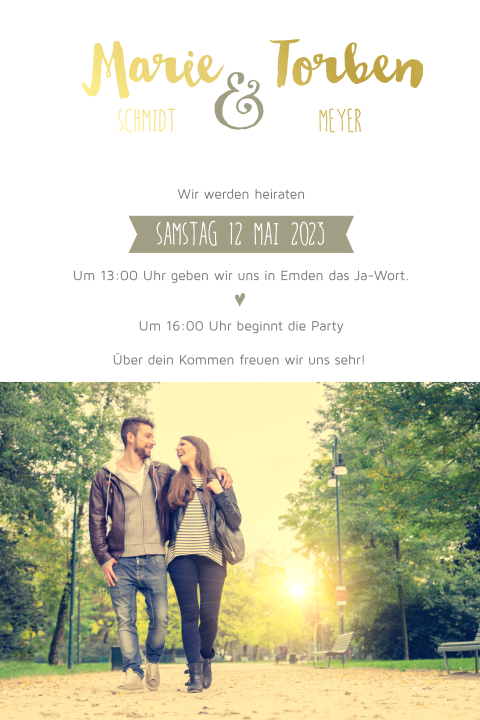 Hübsche Hochzeitseinladung mit Foto und edlem Foliendruck