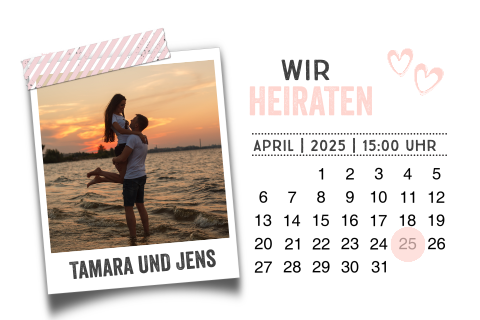 Romantische Hochzeitseinladung mit Polaroidfoto und Kalenderblatt