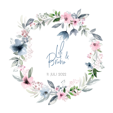 Hochzeitseinladung mit einem Blumenkranz mit blauen und pinken Blüten