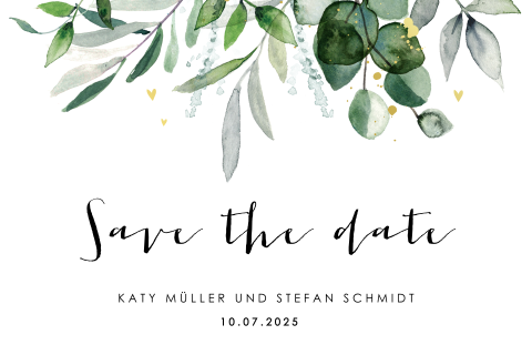 Save the Date Karte mit grünen Blättern: "Eukalyptus"