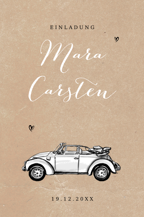 Originelle Hochzeitseinladung mit einem Oldtimer und Herzen