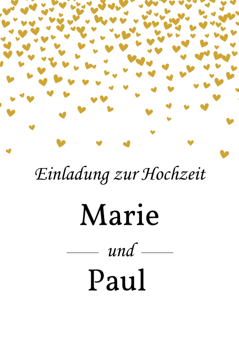 Hübsche Hochzeitseinladung mit goldenen Herzen