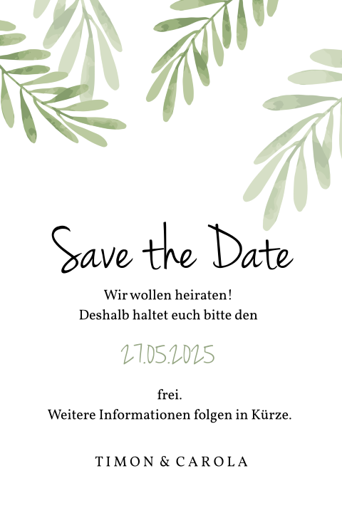 Save The Date Karte mit grünen Blättern: "Olives"