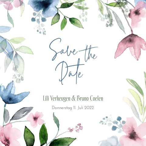Save the Date Karte mit Blüten in Blau und Rosa
