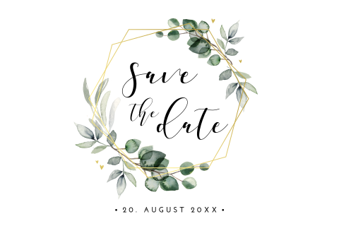 Save the Date Karte mit goldenem Rahmen und Eukalyptusblättern