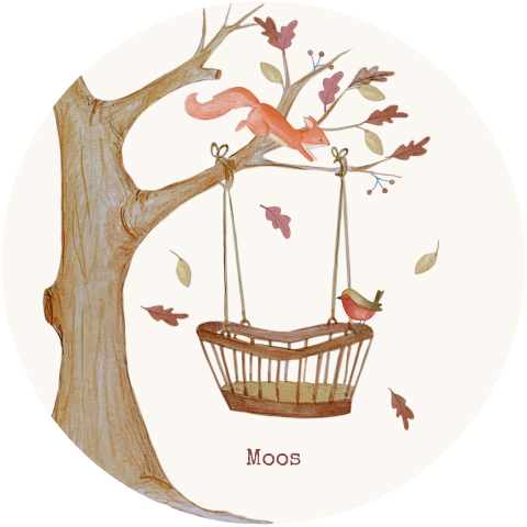 rond geboortekaartje bos eekhoorn en wieg herfst