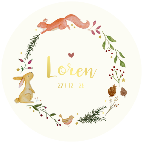 rond geboortekaartje bosdieren goudfolie