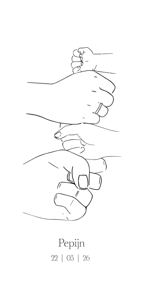 Geboortekaartje met vier handen lijntekening