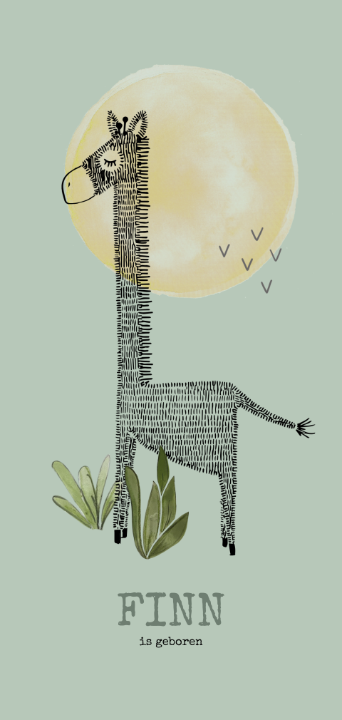 uniek geboortekaartje giraffe pentekening