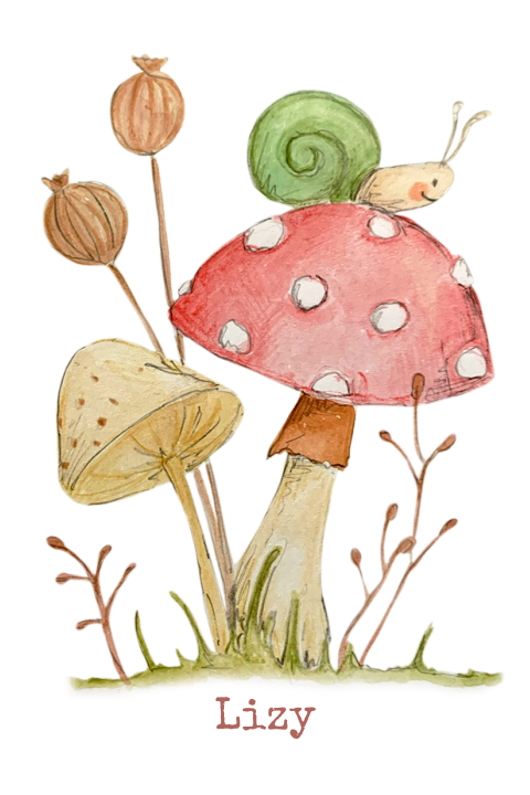 herfst geboortekaartje slak en paddenstoelen in gras
