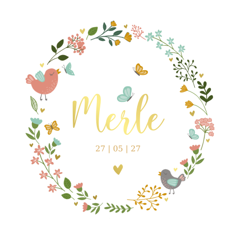 rond geboortekaartje met bloemenkrans en vogels