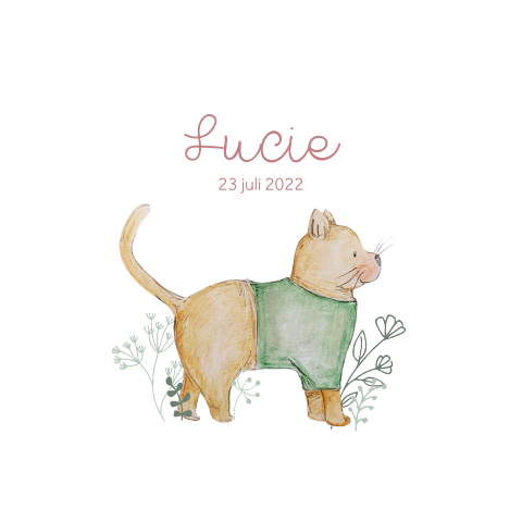 Geboortekaartje met poes en planten in pastel