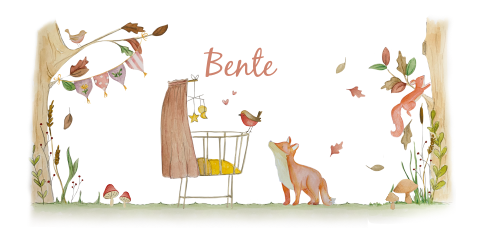 uniek herfst geboortekaartje met wieg en vos in bos