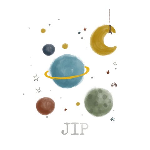 rond geboortekaartje met maan, sterren en planeten-1
