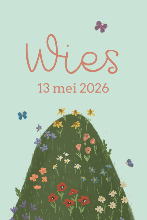 geboortebord met berg, bloemen en vlinder