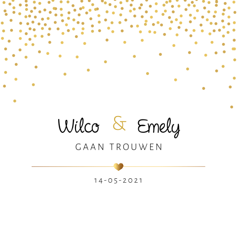 Trouwkaart met gouden confetti en symbolen