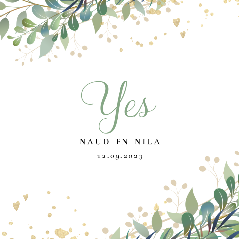 Stijlvolle trouwkaart met Yes en botanisch blad