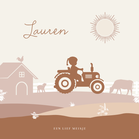 Boerderij silhouet kaartje meisje op tractor