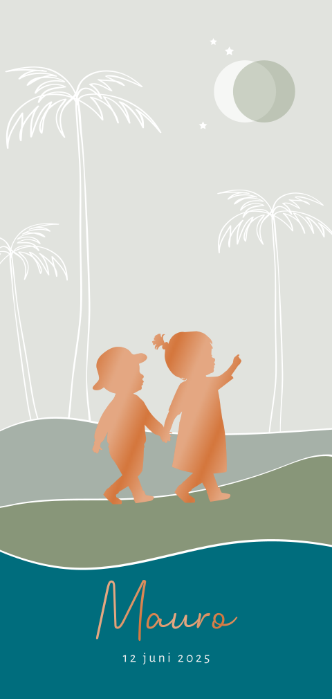 Grote zus met broertje silhouet geboortekaartje met hoogglans