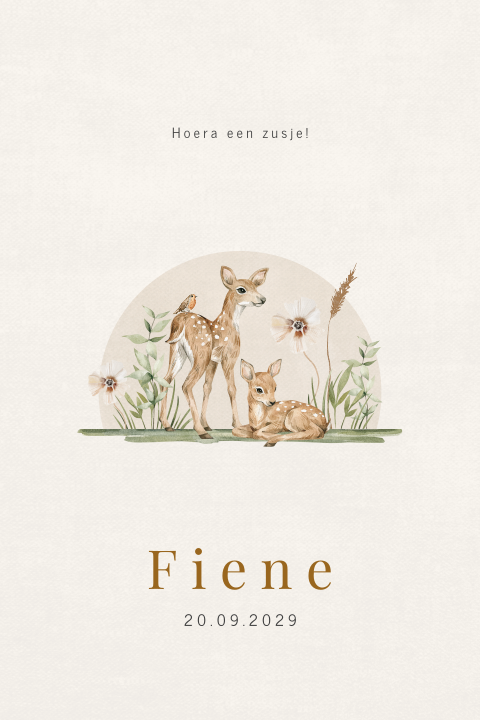 Neutraal geboortekaartje voor een meisje met hertjes en bloemen
