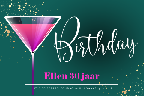 Hippe uitnodigingskaart met cocktail glas en gouden spetters
