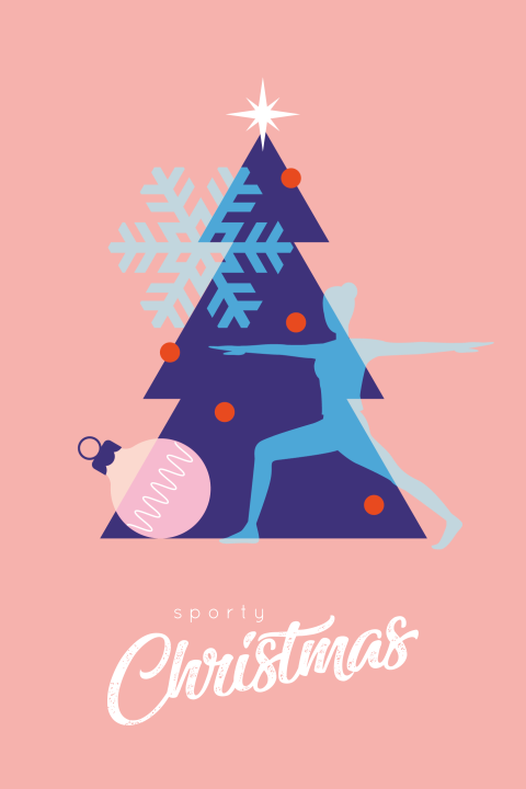 Zakelijke sport kerstkaart met kerstboom en vrouw die pilates doet