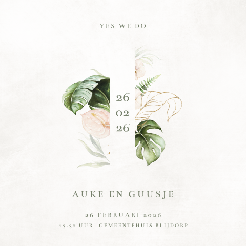 Vintage trouwkaart met aquarel bloemen en datum