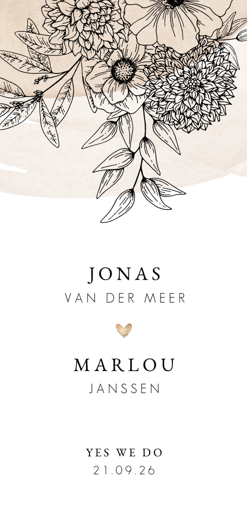 Stijlvolle romantische trouwkaart met getekende bloemen
