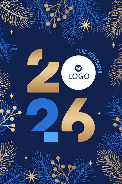 Kerstkaart zakelijk goudlook met jaartal, dennentakken en logo