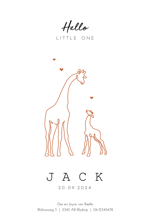 Dieren geboortekaartje met giraffen one line