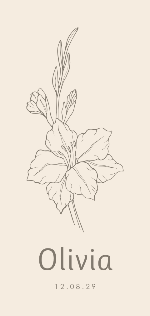 Rustig geboortekaartje meisje met lijntekening geboortebloem