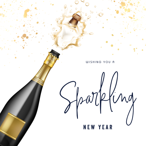 Zakelijke kerstkaart met gouden spetters en champagne fles