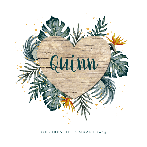 Botanisch unisex kaartje met houten hart en tropische bloem