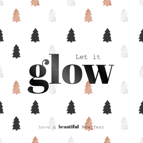 Zakelijke zwartfolie kerstkaart met kerstbomen en Let it glow