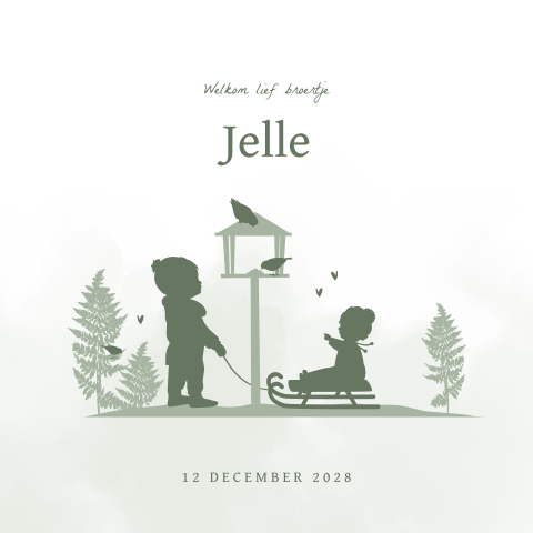 Silhouet winter geboortekaartje met broertje op slee bij vogelhuisje