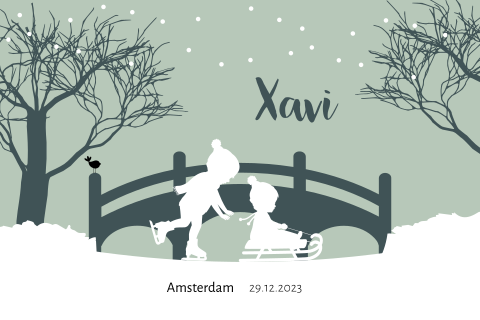 Winters silhouet kaartje broertjes op schaatsen en slee