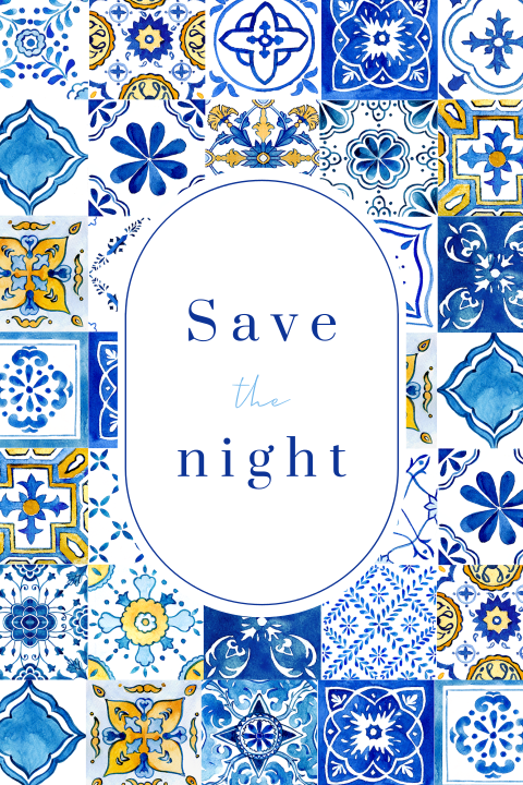 Trouwkaart save the night met mediterraans tegeltjes patroon