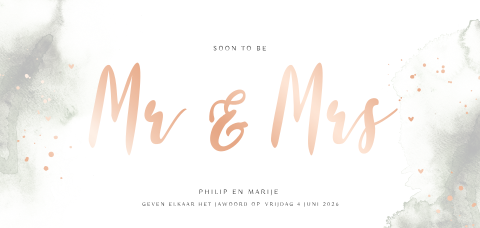 Mr & Mrs trouwkaart met aquarel en luxe roséfolie
