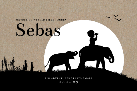 Echt kraftpapier geboortekaartje silhouet jungle olifant