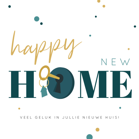 Happy New Home felicitatiekaart met sleutel en vrolijke confetti